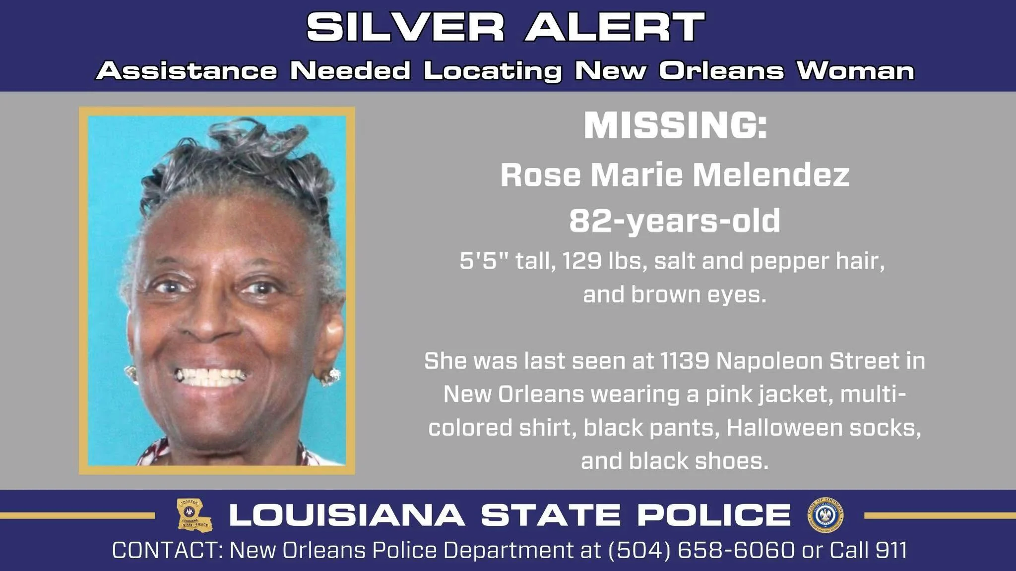 New Orleans Police Search for Missing 82-Year-Old Rose Marie Melendez