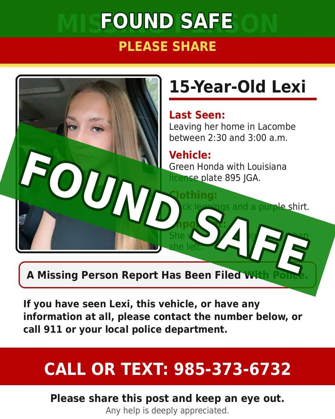 Missing 15-Year-Old Lacombe Girl Found Safe