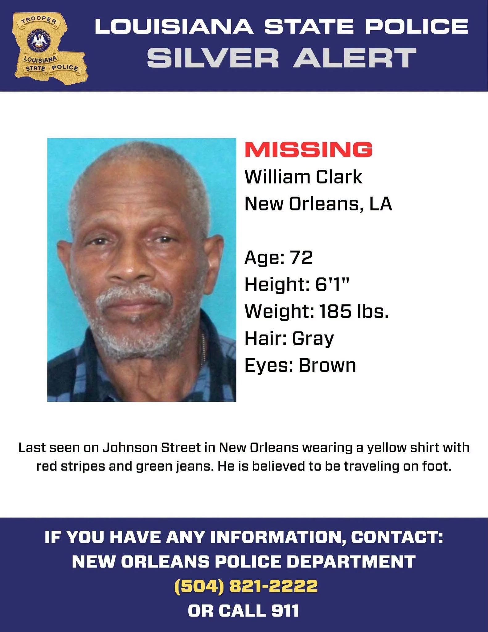 Silver Alert Issued For Missing 72 Year Old New Orleans Man