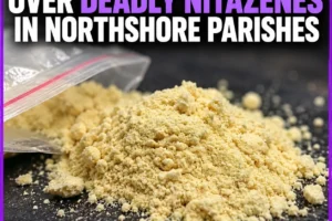 Yellow powder representing nitazenes as DEA warns of deadly synthetic opioids spreading across Northshore parishes.